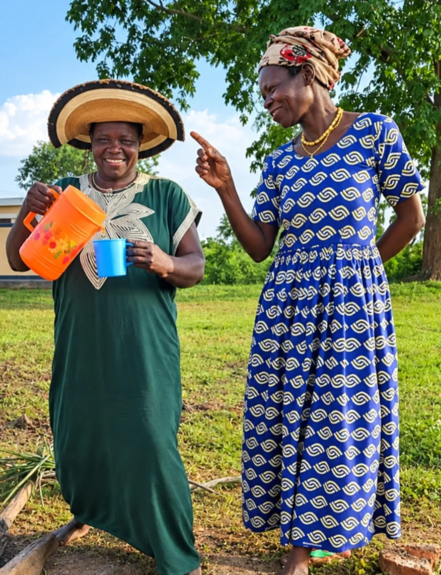 Two women smiling together outdoors under a tree